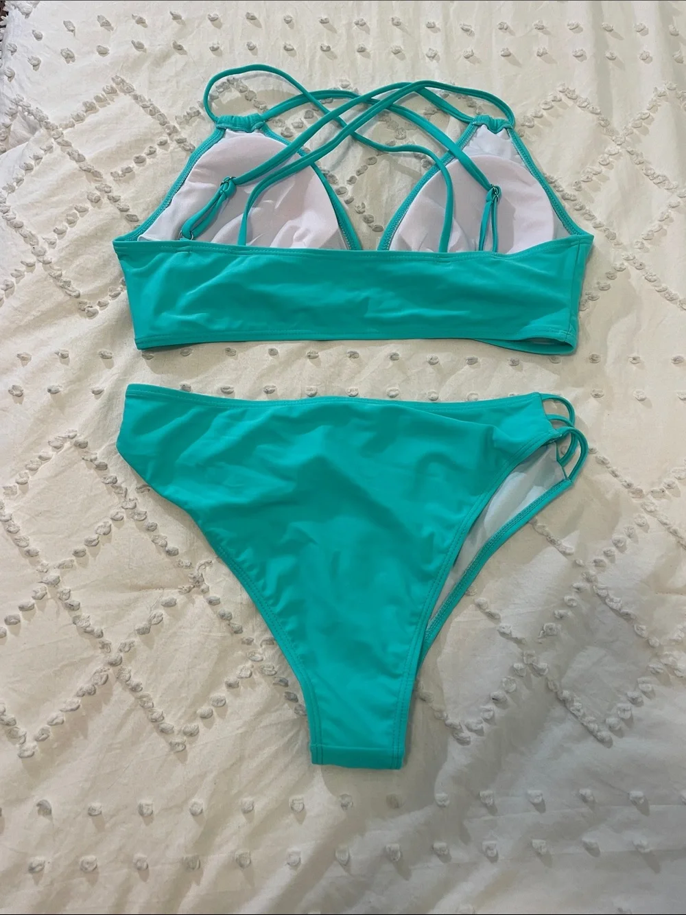 Women's Teal Strappy Bikini Turquoise Push Up V Neck Sets Criss Cross new